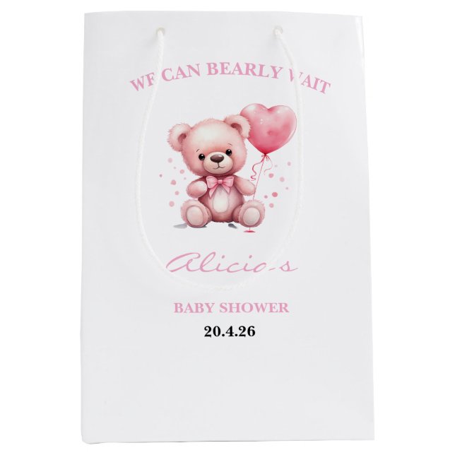Pink Teddy Bear Baby Shower Medium Gift Bag (Front)