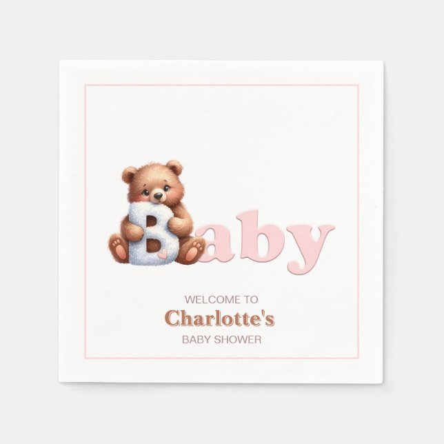 Pink Teddy Bear Baby Shower Napkin (Front)