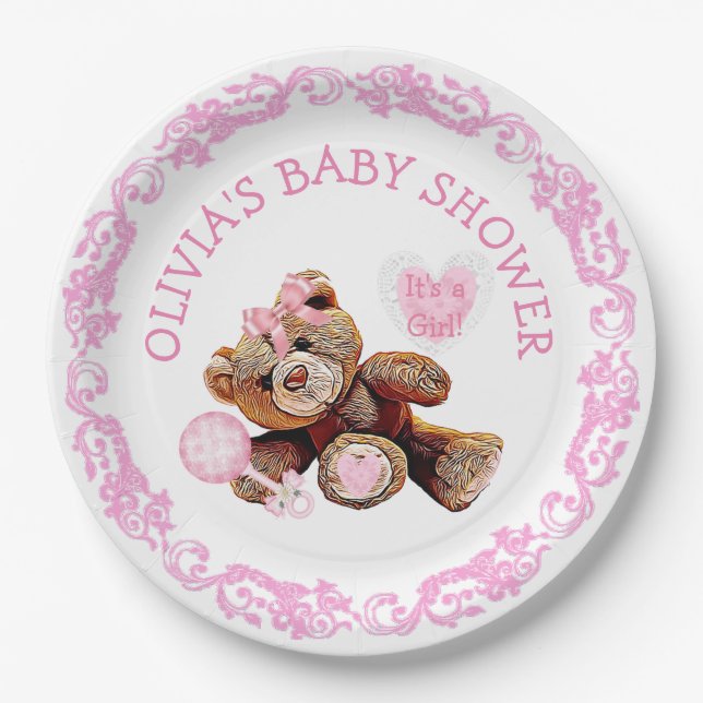 Pink Teddy Bear Baby Shower Paper Plates (Front)