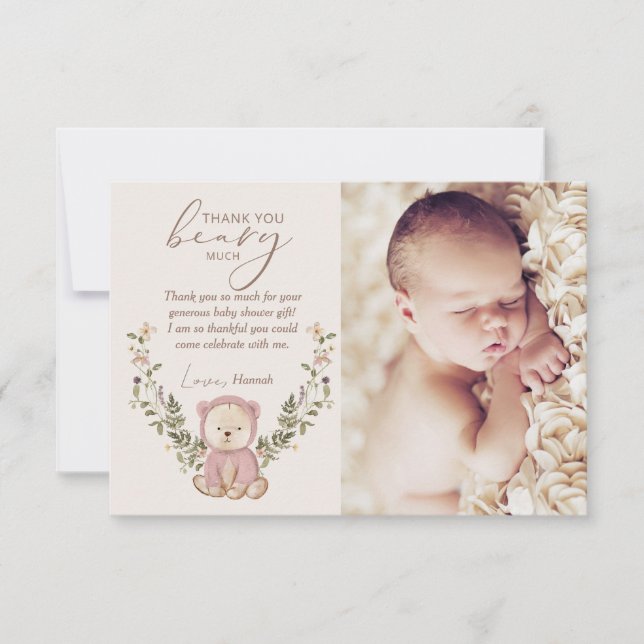 Pink Teddy Bear Baby Shower Thank You Card (Front)
