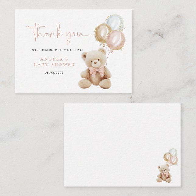 Pink Teddy Bear Baby Shower Thank You Card (Front/Back)