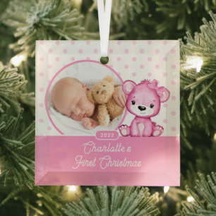 Pink Teddy Bear Baby's First Christmas Photo Glass Ornament