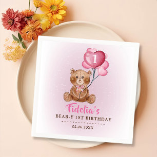 Pink Teddy Bear Balloon 1st Birthday Napkin