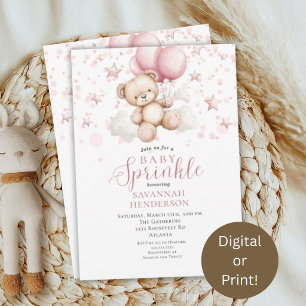 Pink Teddy Bear Balloon Baby Girl Sprinkle Shower Invitation