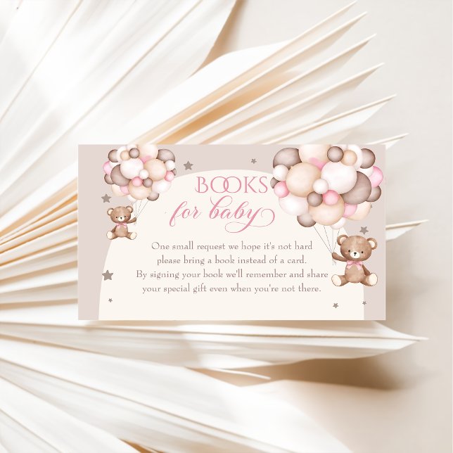 Pink Teddy Bear Balloon Baby Shower Book Request Enclosure Card (Creator Uploaded)