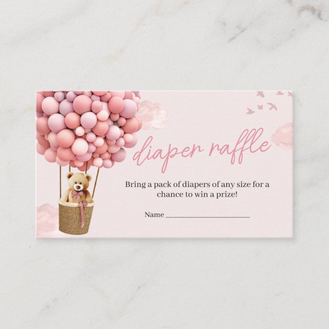Pink Teddy Bear Balloon Baby Shower Diaper Raffle Enclosure Card (Front)