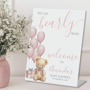 Pink Teddy Bear Balloon Baby Shower Welcome Pedestal Sign
