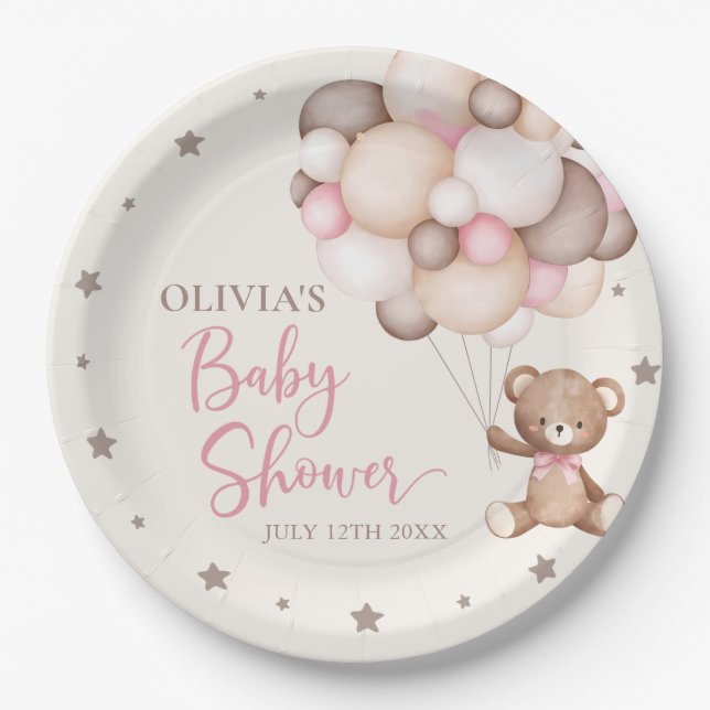 Pink Teddy Bear Balloon Bearly Wait Baby Shower Paper Plate (Front)