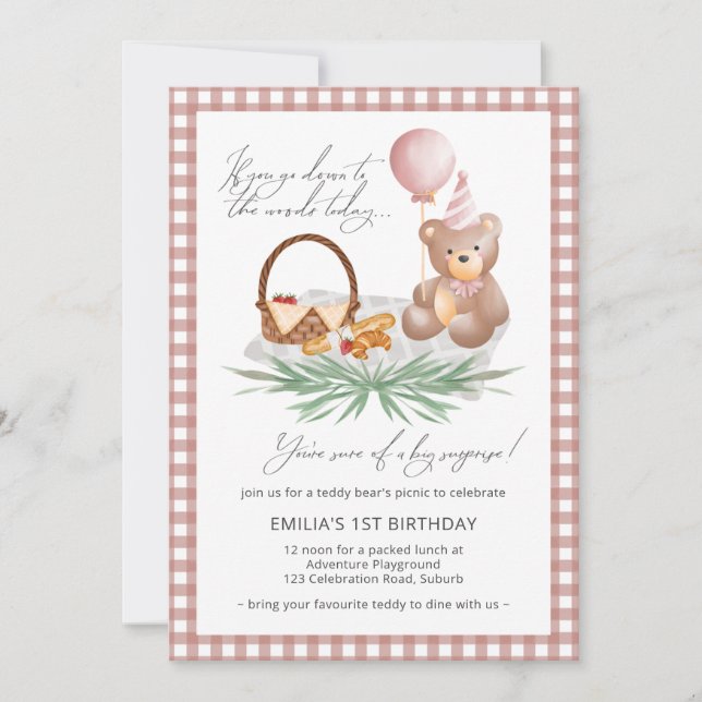 Pink Teddy Bear Balloon Picnic 1st Birthday  Invitation (Front)