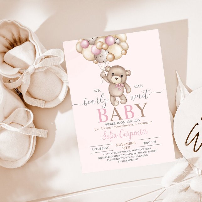 Pink Teddy Bear Balloons Baby Shower Girl Invitation (Creator Uploaded)
