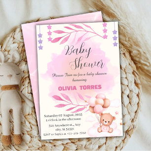 Pink,Teddy Bear, Balloons,Girl Baby shower Invitation
