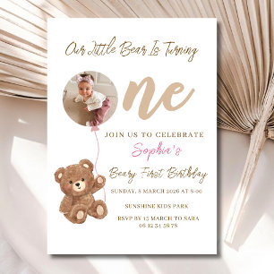 Pink Teddy Bear Beary First Photo Birthday Invitation