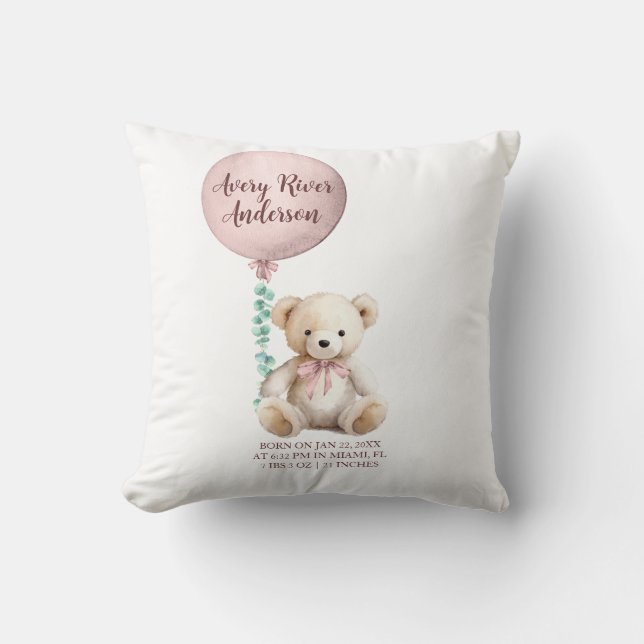 Pink Teddy Bear Birth Stats Baby Pillow (Front)