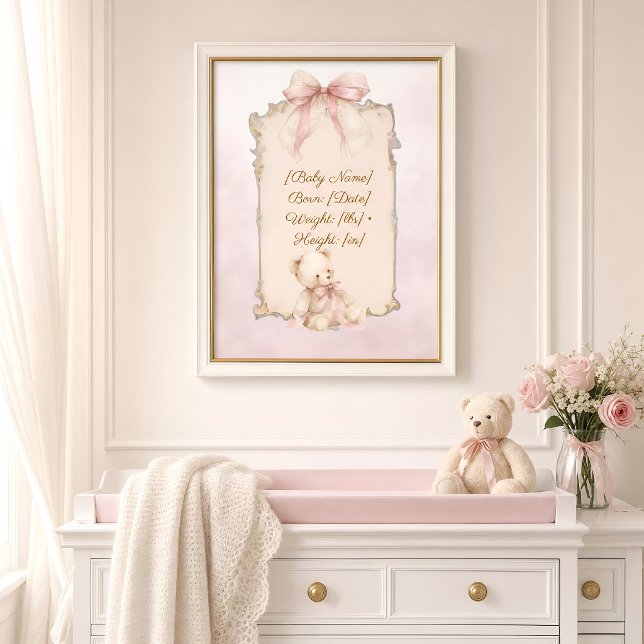 Pink Teddy Bear Birth Stats Nursery Poster (Creator Uploaded)