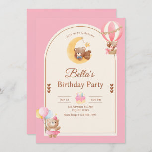 Pink Teddy Bear Birthday Invitation, Girl Birthday Invitation