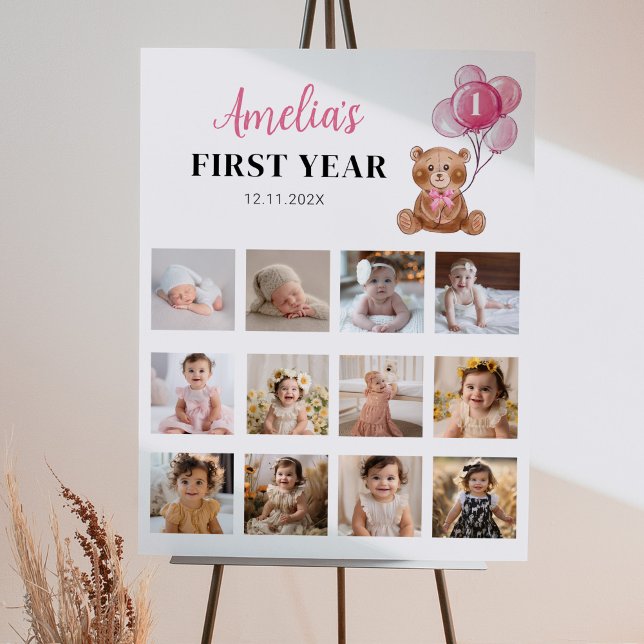 Pink Teddy Bear Birthday Photo Milestone Poster (Creator Uploaded)