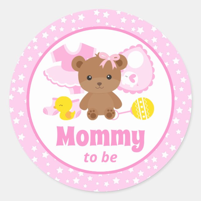 Pink Teddy Bear Clothes Baby Shower Mommy to Be Classic Round Sticker (Front)