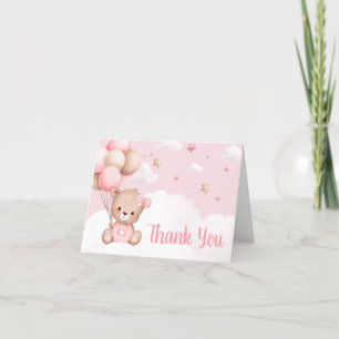 Pink Teddy Bear Clouds Balloon Baby Shower Thank You Card