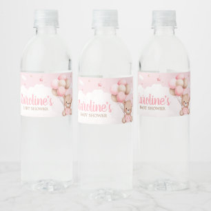 Pink Teddy Bear Clouds Balloon Baby Shower Water Bottle Label