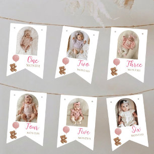 Pink Teddy Bear First Birthday Photo Bunting Flags