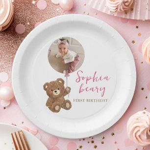 Pink Teddy Bear First Birthday Photo Paper Plate