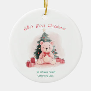 Pink Teddy Bear First Christmas Ceramic Ornament
