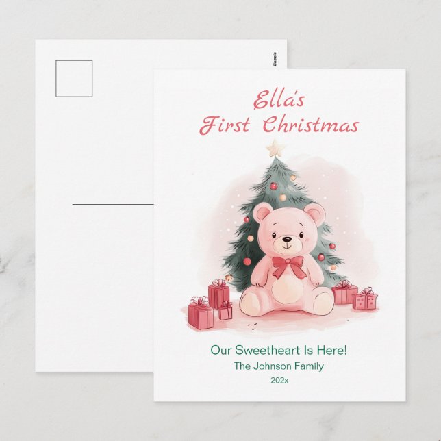 Pink Teddy Bear First Christmas Postcard (Front/Back)