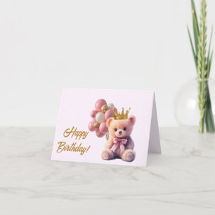 Pink Teddy Bear Gold Crown Happy Birthday Thank You Card