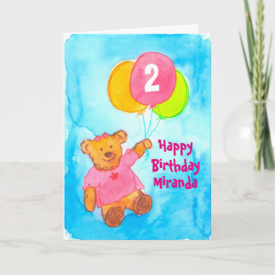 Pink Teddy Bear Happy 2nd Birthday Custom Card