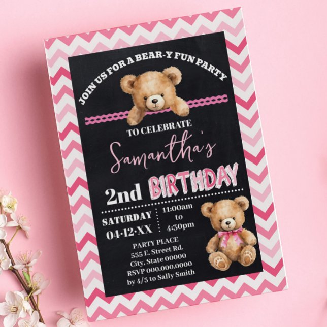 Pink Teddy Bear Little Bear Birthday Pink Chevron Invitation (Creator Uploaded)