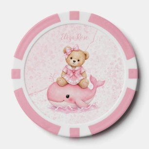 Pink Teddy Bear On Whale Girl Baby Shower Poker Chips