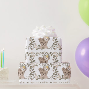 Pink Teddy Bear Pink & Yellow Flowers White Wrapping Paper