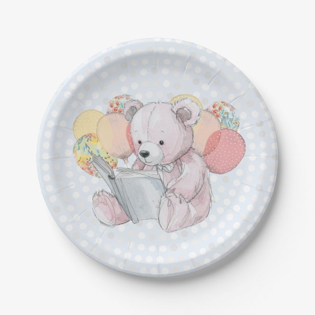 Pink Teddy Bear reading a book  Paper Plate (Front)