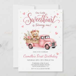 Pink Teddy Bear Vintage Truck Floral 1st Birthday Invitation