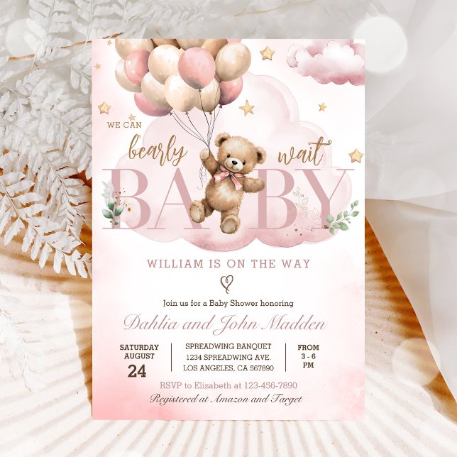 Pink Teddy Bear We Can Bearly Wait Baby Shower Invitation (Creator Uploaded)