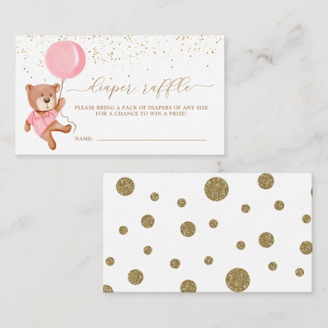 Pink Teddy Bear With Balloon Diaper Raffle Ticket  Enclosure Card (Front/Back)