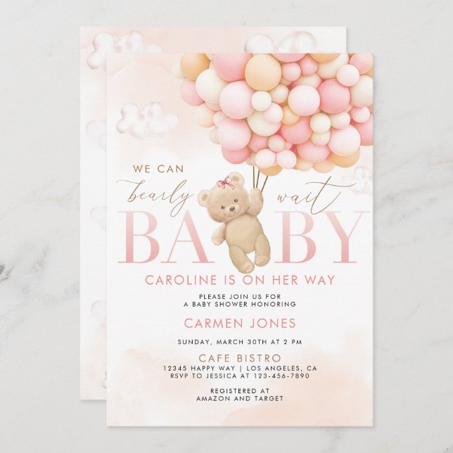 Pink Teddy Bear with Balloons Baby Shower Invite (Front/Back)