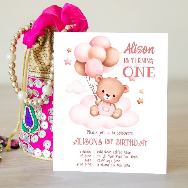 Pink teddy bear with balloons birthday invitation  (Creator Uploaded)