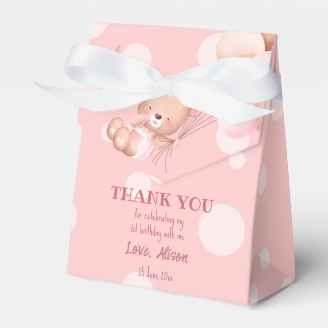 Pink teddy bear with balloons on clouds custom favor box (Front Side)