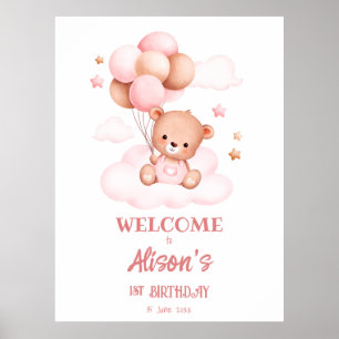 Pink teddy bear with balloons on clouds custom poster