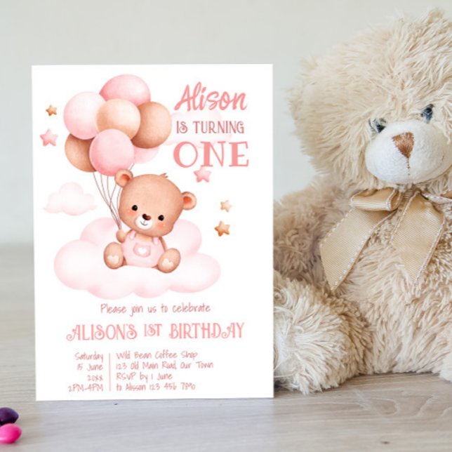 Pink teddy bear with balloons on clouds invitation (Creator Uploaded)