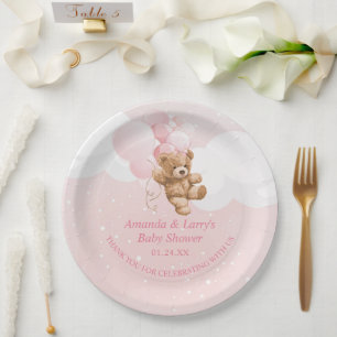 Pink Teddy Bear with Balloons Paper Plates