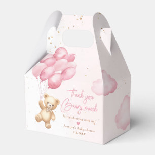 Pink teddy bear with balloons thank you beary much favor box