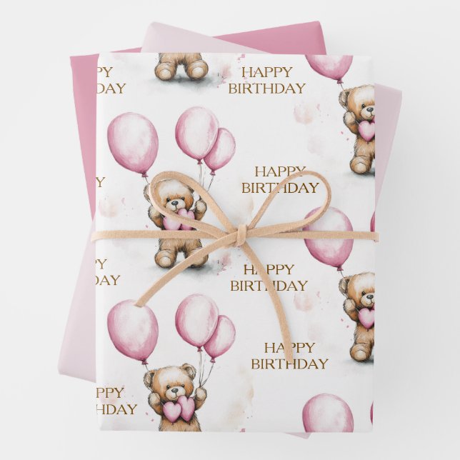 Pink Teddy Bear Wrapping Paper (In situ)