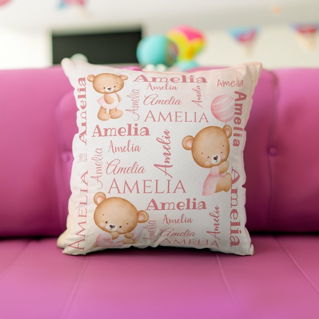 Pink teddy bears personalized girls name baby throw pillow (Pink teddy bears personalized girls name collage baby throw pillow baby gifts baby shower gifts)