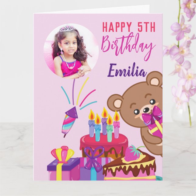 Pink teddy birthday party photo card  (Orchid)