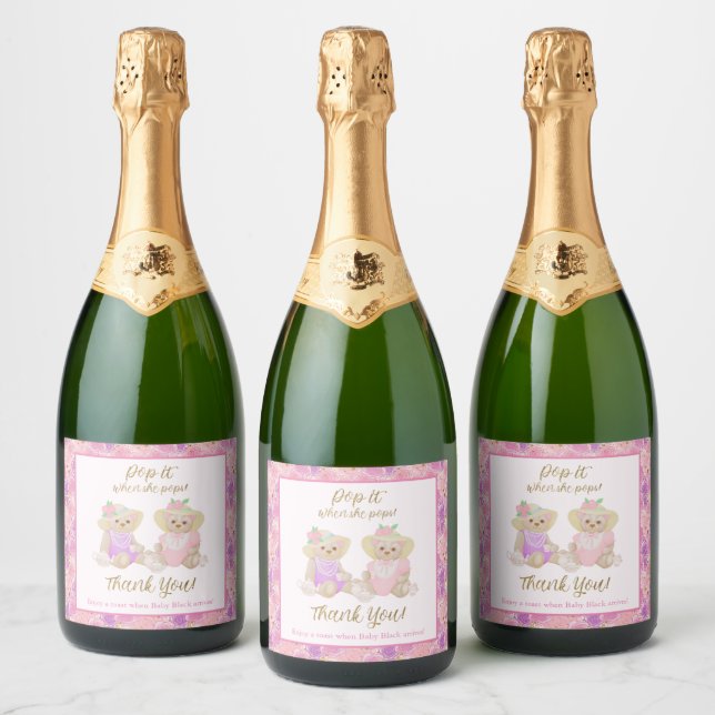 Pink Teddy Tea Pop It When She Pops Baby Shower Sparkling Wine Label (Bottles)