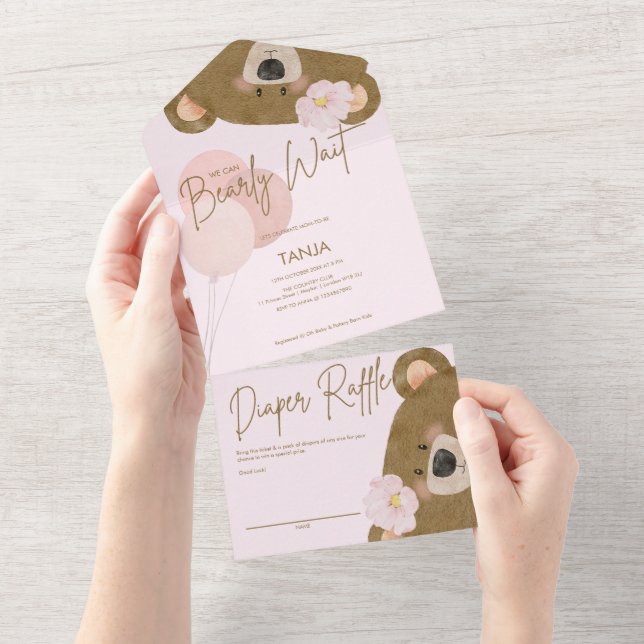 Pink Teddy We Can Bearly Wait Girl Baby Shower All In One Invitation (Tearaway)