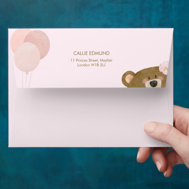 Pink Teddy We Can Bearly Wait Girl Baby Shower Envelope (Hand)