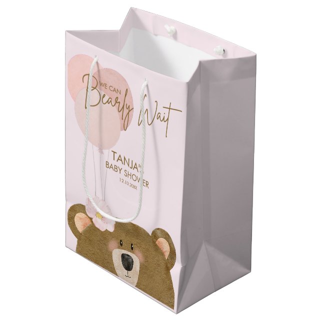 Pink Teddy We Can Bearly Wait Girl Baby Shower Medium Gift Bag (Front Angled)